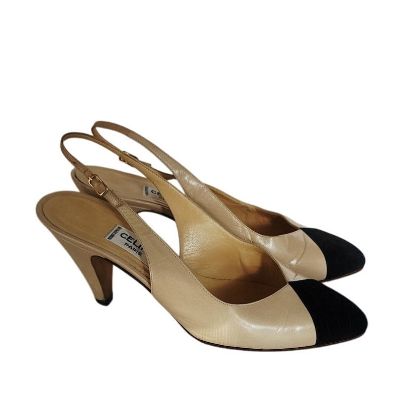 Vintage 1990s CELINE Paris Slingback Shoes Two Toned Black Cream Kitten Heel 7.5