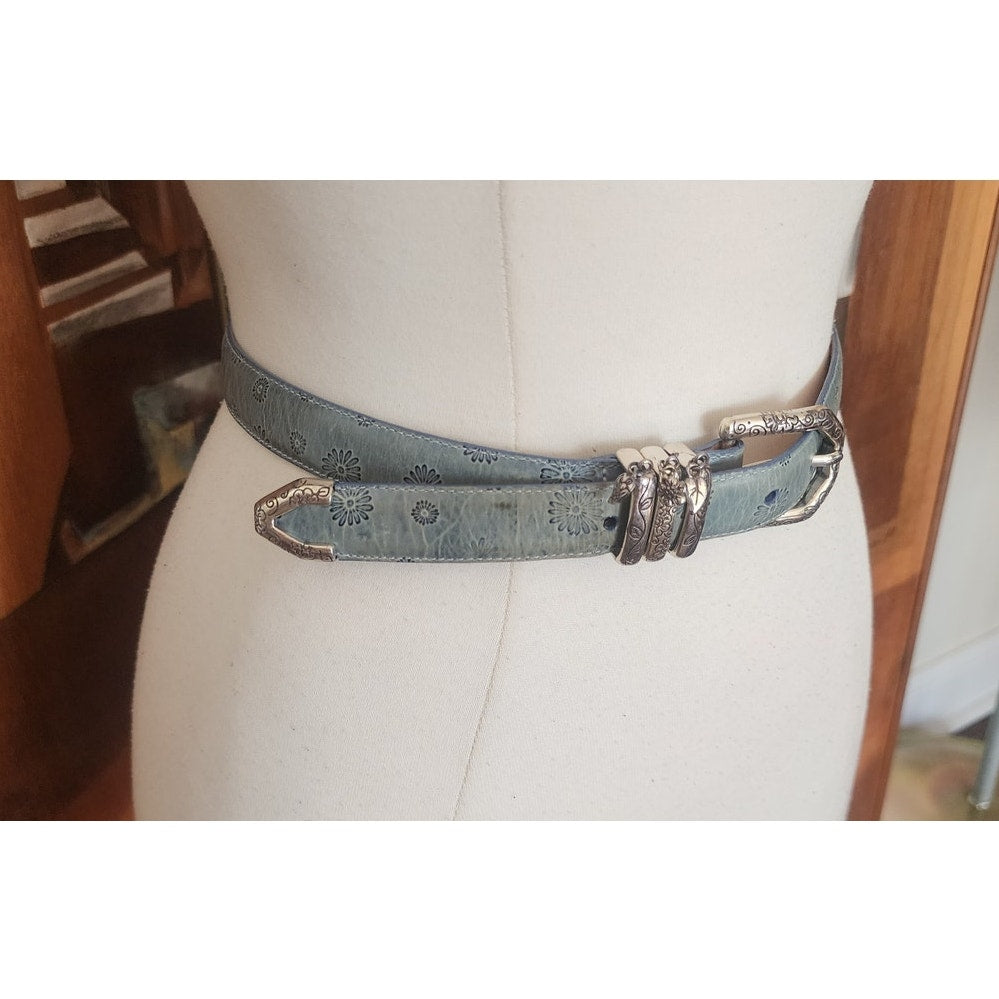 Vintage 1990s Brighton Belt Baby Blue Tooled Leather Silver Charms Waist 28