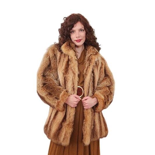 Vintage 70s Fox Fur Coat Hip Length Stripe Pattern / L
