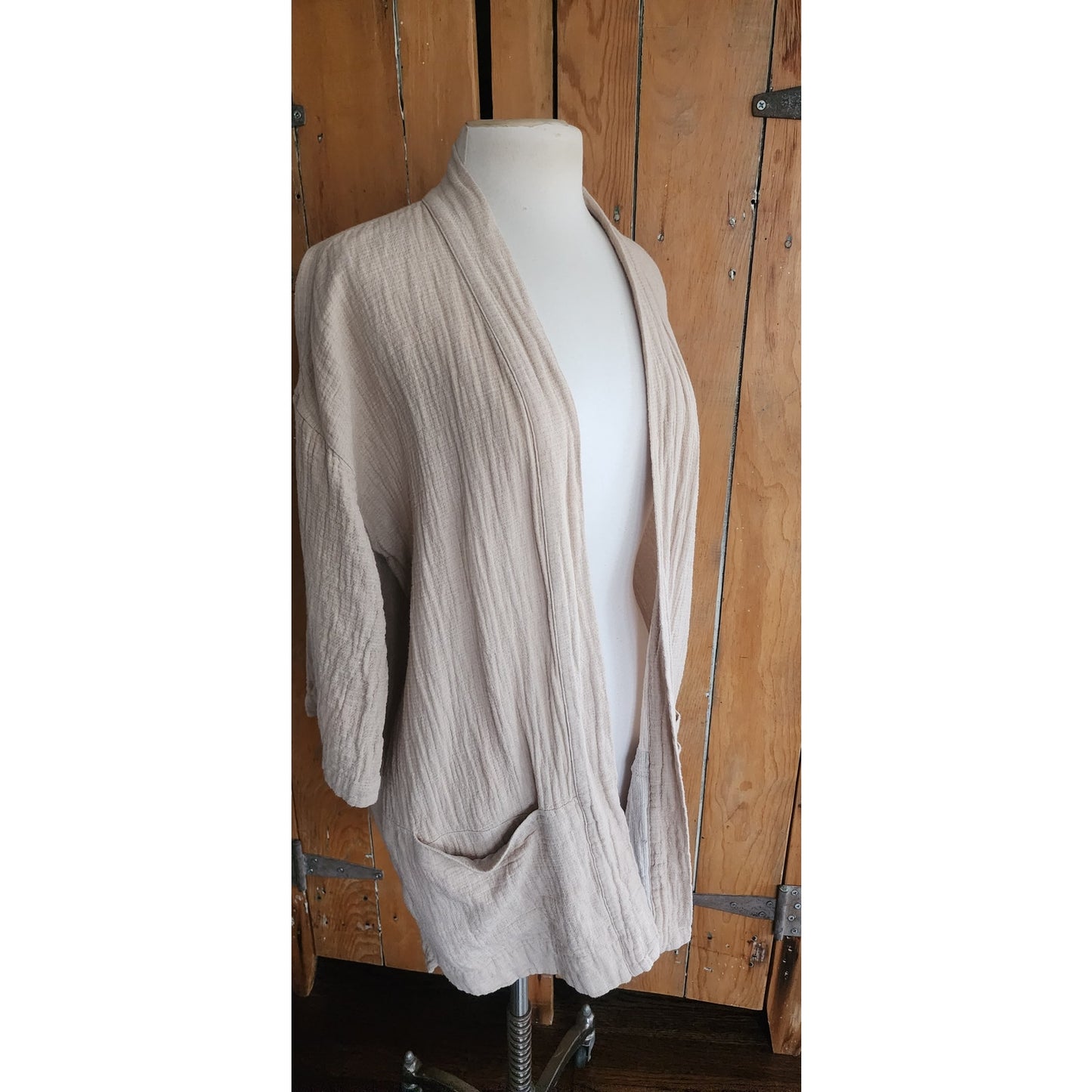 Eileen Fisher Beige Jacket Organic Cotton Linen Blazer Open Front / M