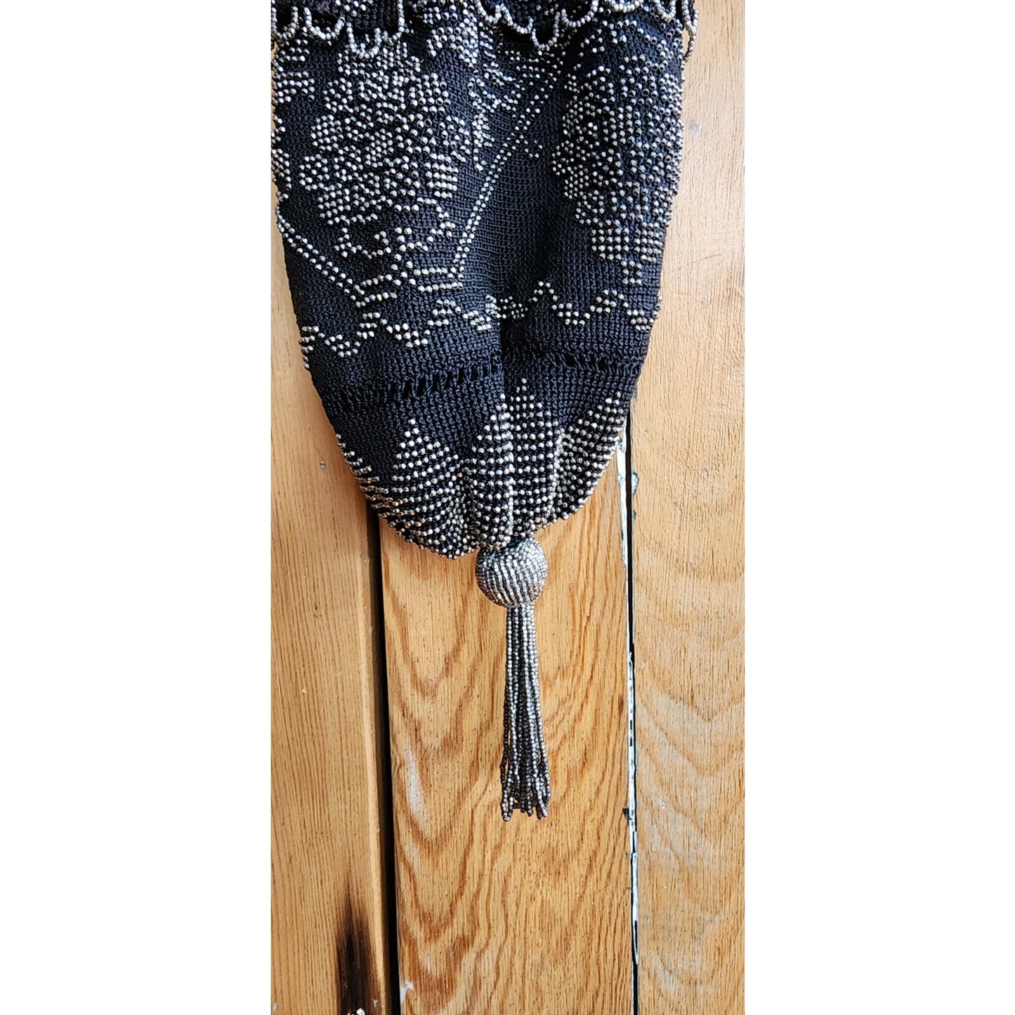 Vintage 20s Black Evening Bag Steel Bead + Crochet Drawstring Purse Tasseled