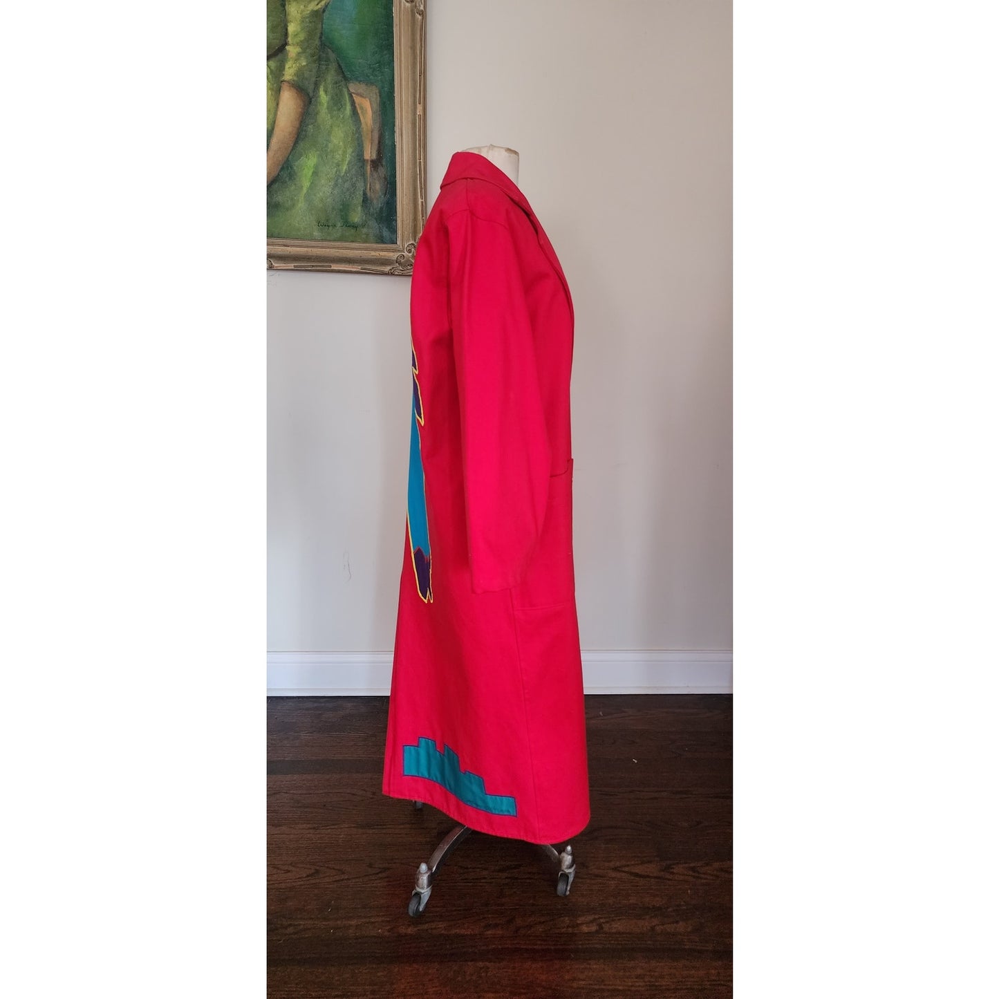 Vintage 80s Southwestern Coat Red Cotton Canvas Handpainted Indian Headdress Native American