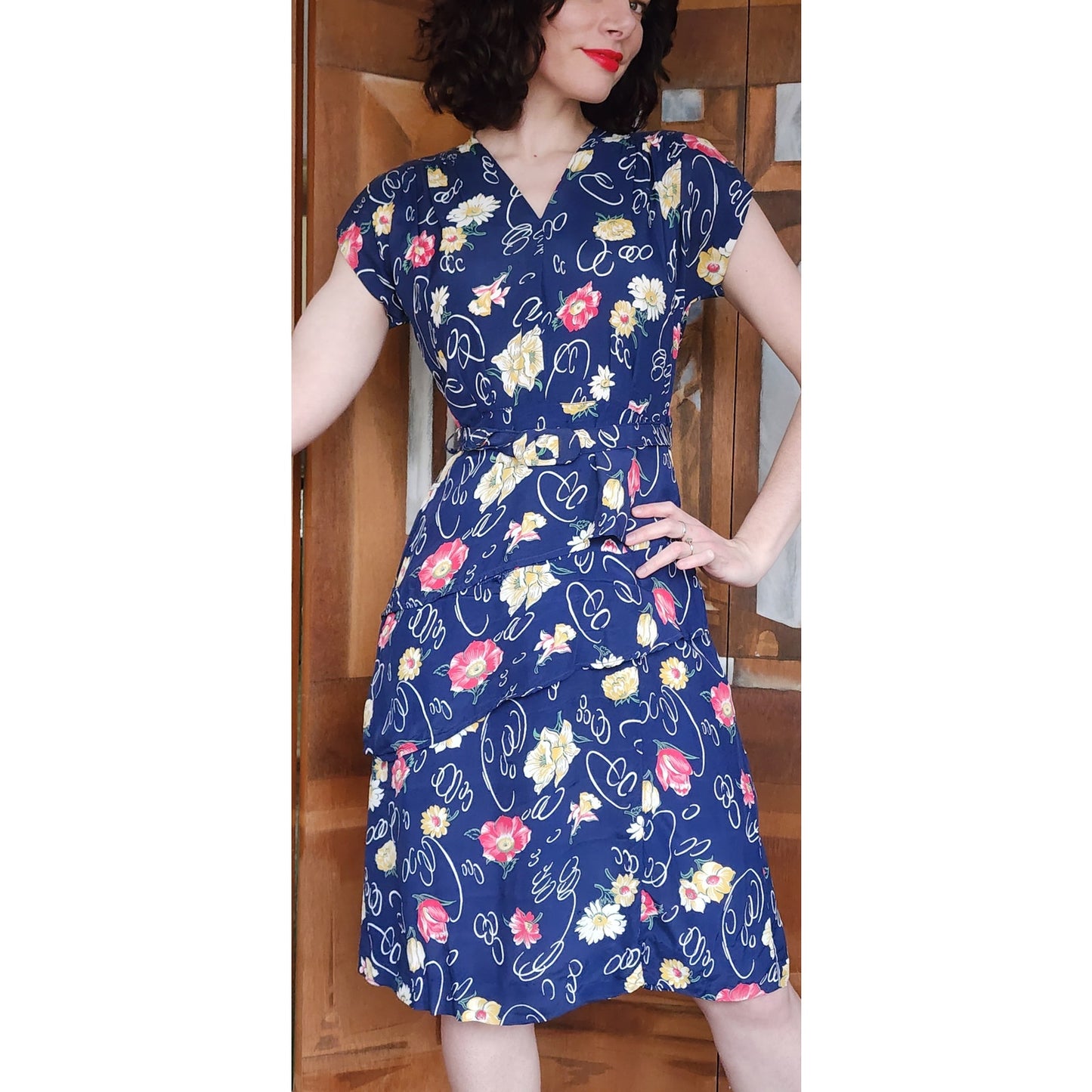 Vintage 40s Rayon Print Midi Dress Dark Blue Floral w/Belt & Diagonal Peplum