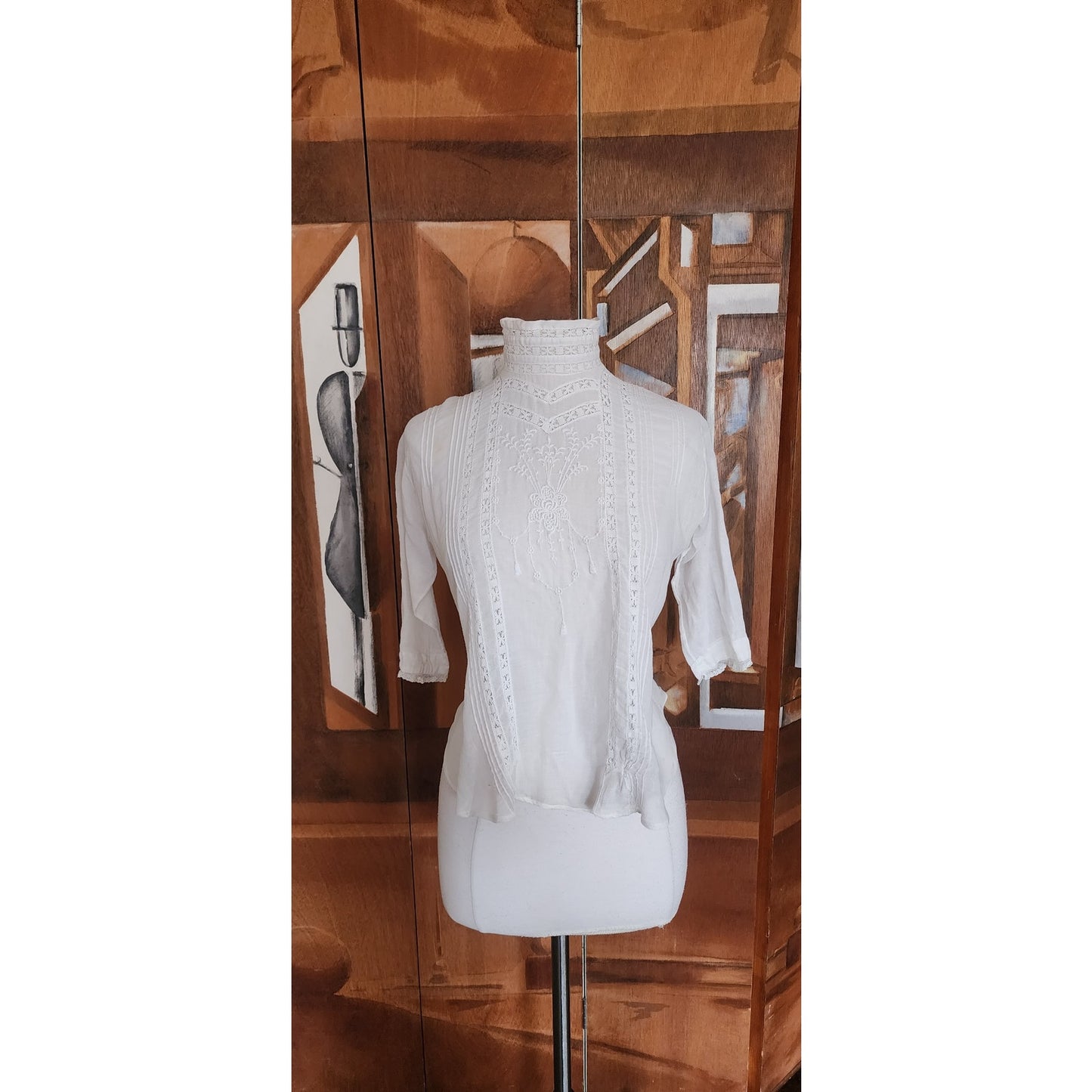 Antique Edwardian Blouse Embroidered White Cotton Lace High Neckline