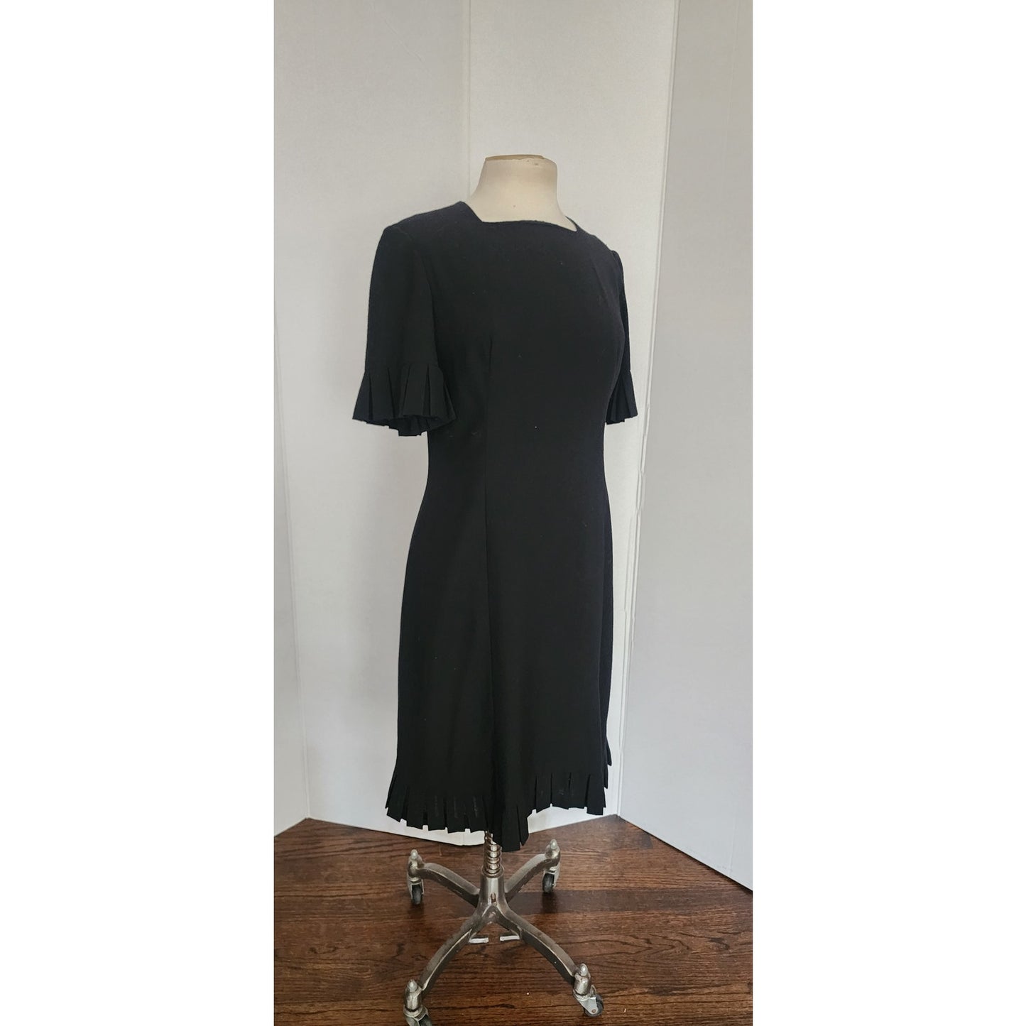Vintage 60s Sorelle Fontana Dress Black Rayon Crepe w/Pleated Fringe Italian Designer