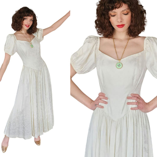 Vintage 80s White Damask Dress Puffed Sleeves
