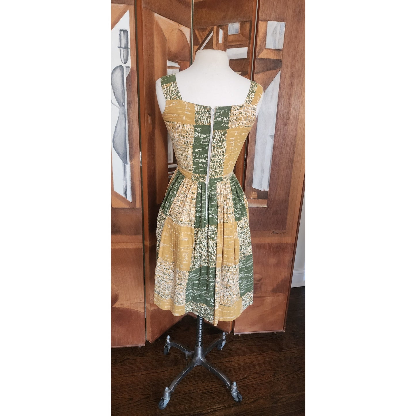 Vintage 40s 50s MCM Cotton Print Sun Dress Green Yellow Gingham Patchwork Rockabilly