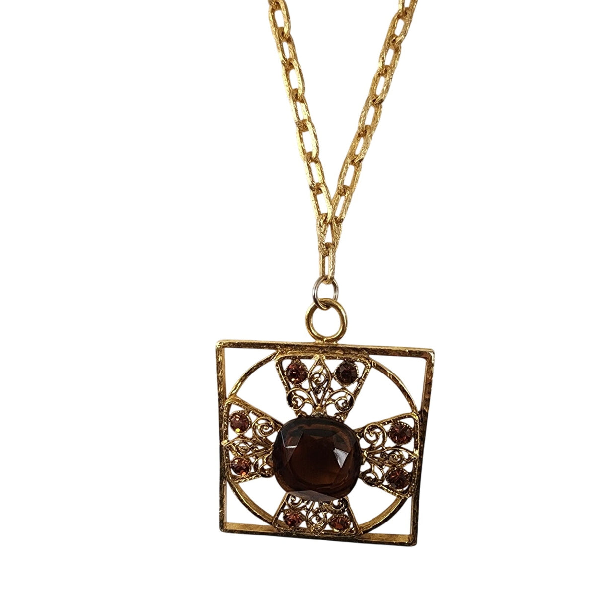 Vintage 1960s Maltese Cross Necklace Baroque Pendant Purple Brown Gold Maximalist Boho