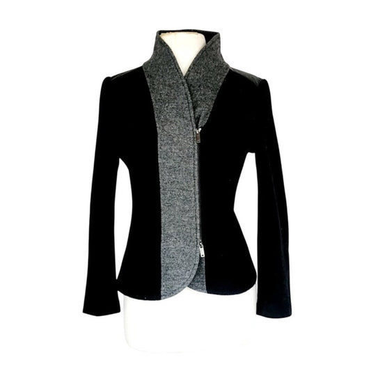 Vintage Emporio Armani Blazer Black Gray Wool & Leather Zip Front