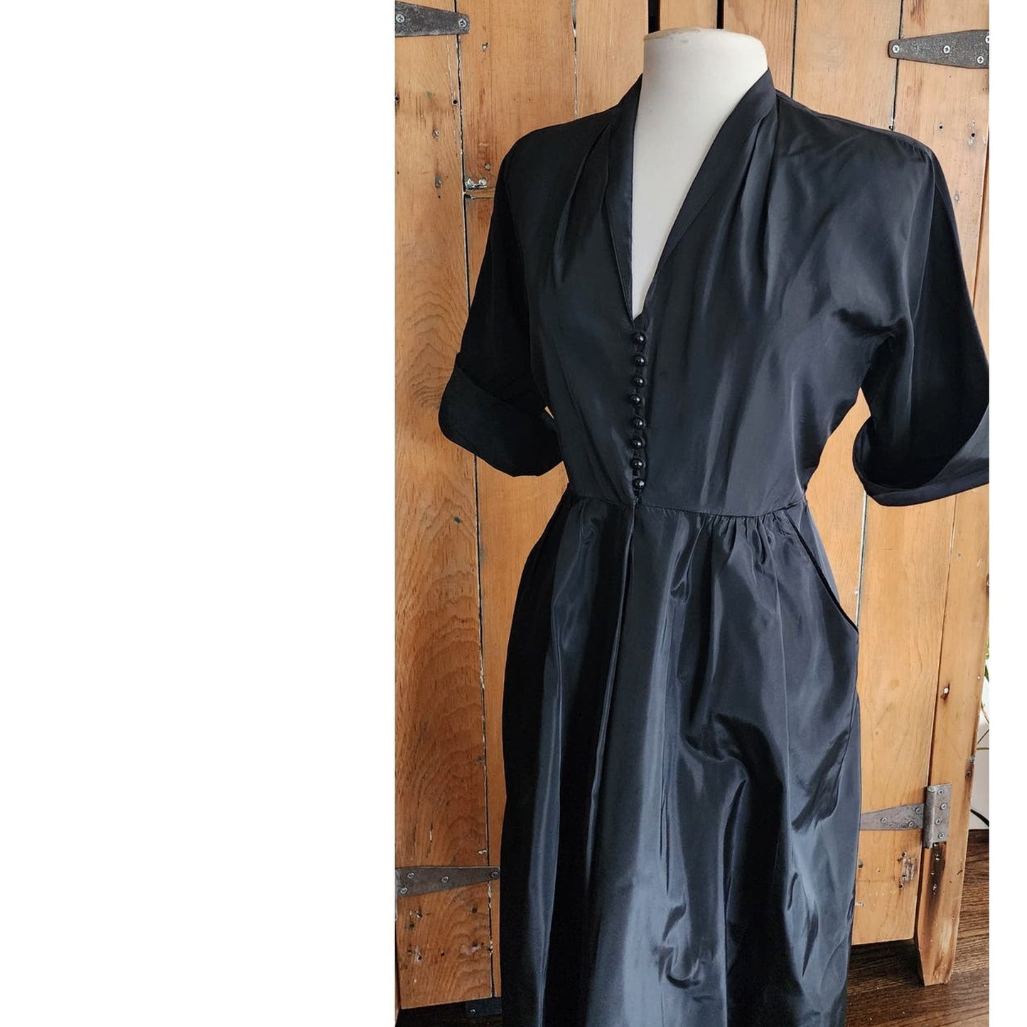 1950s Black Satin Shirt Dress Short Sleeves