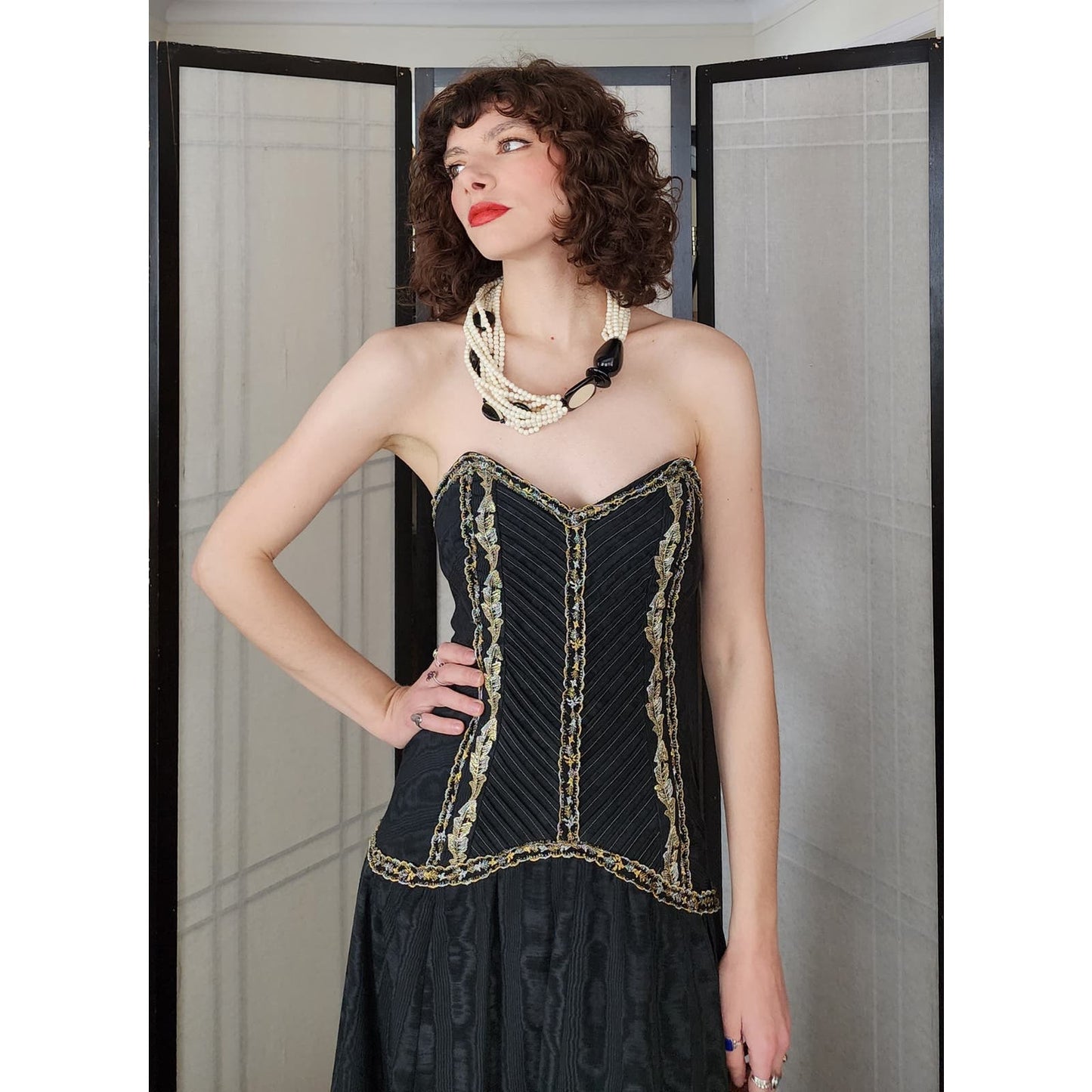 Vintage 70s Strapless Evening Dress Black Gold Brocade Lace Trim