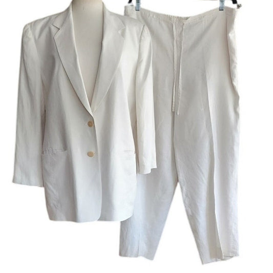 Vintage 1990s DKNY White Linen Pant Suit w/Drawstring Waist / M - L