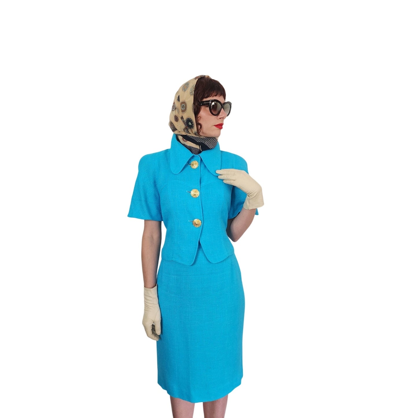 Vintage 1990s Christian Lacroix Skirt Suit Turquoise Blue + Gold Buttons / M