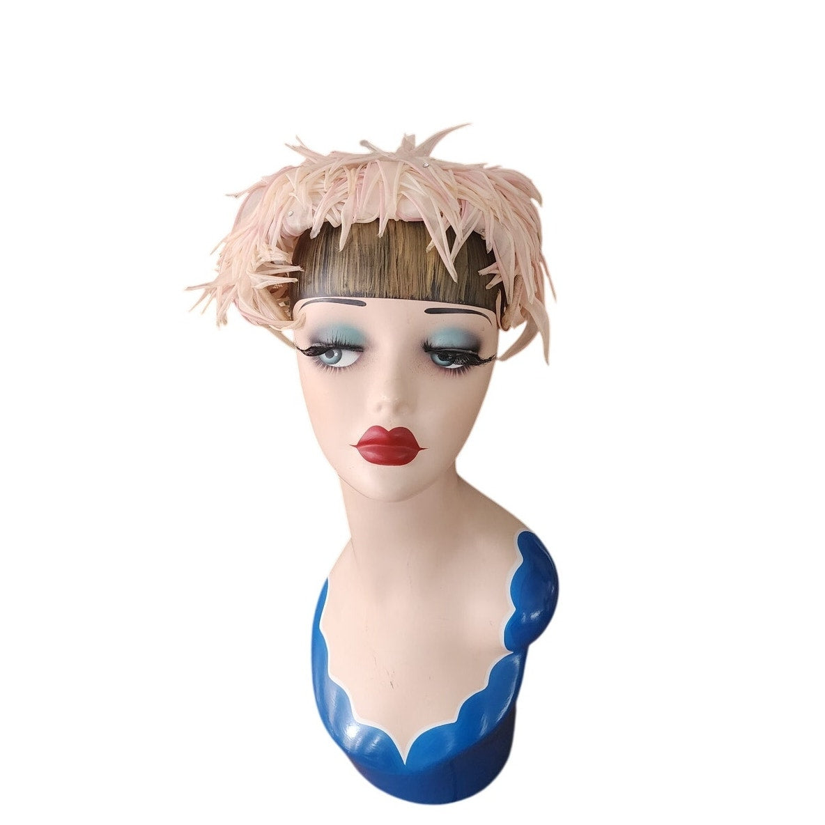 Vintage 50s Pink Cocktail Hat Fascinator Faux Feather Petals Leaves