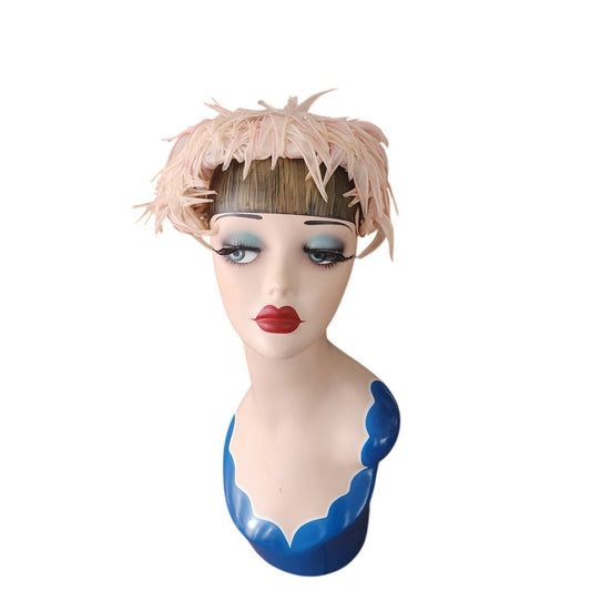 Vintage 50s Pink Cocktail Hat Fascinator Faux Feather Petals Leaves