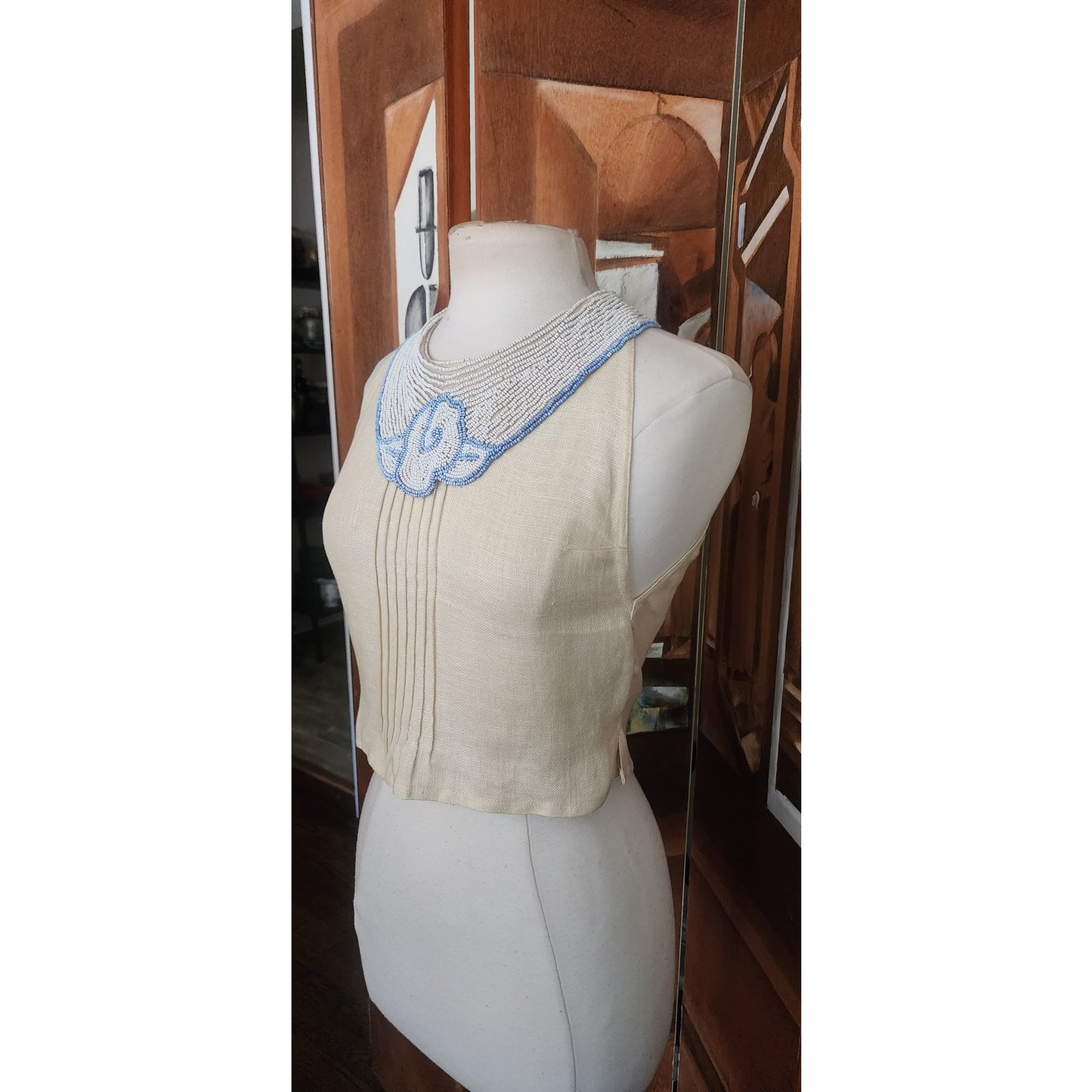 80s Krizia Top Cream Flax Linen Sleeveless Beaded Blue Rose Peter Pan Collar