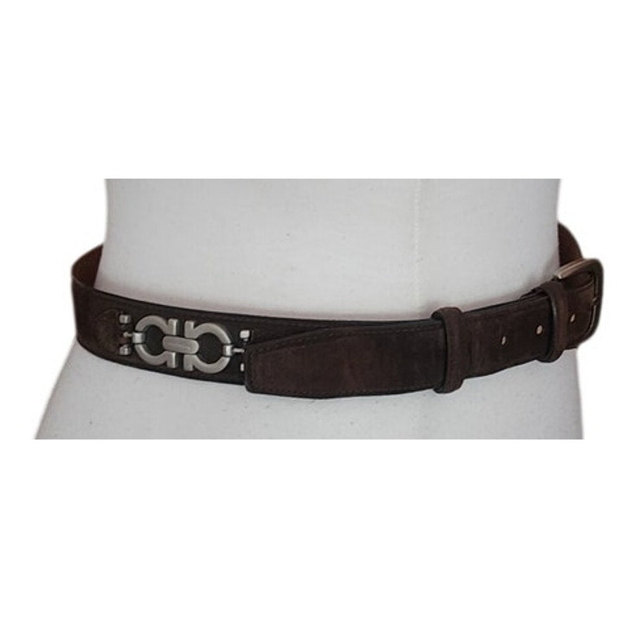 Vintage 1990s Ferragamo Belt Brown Suede + Silver Gancini Concho Panels Size 32