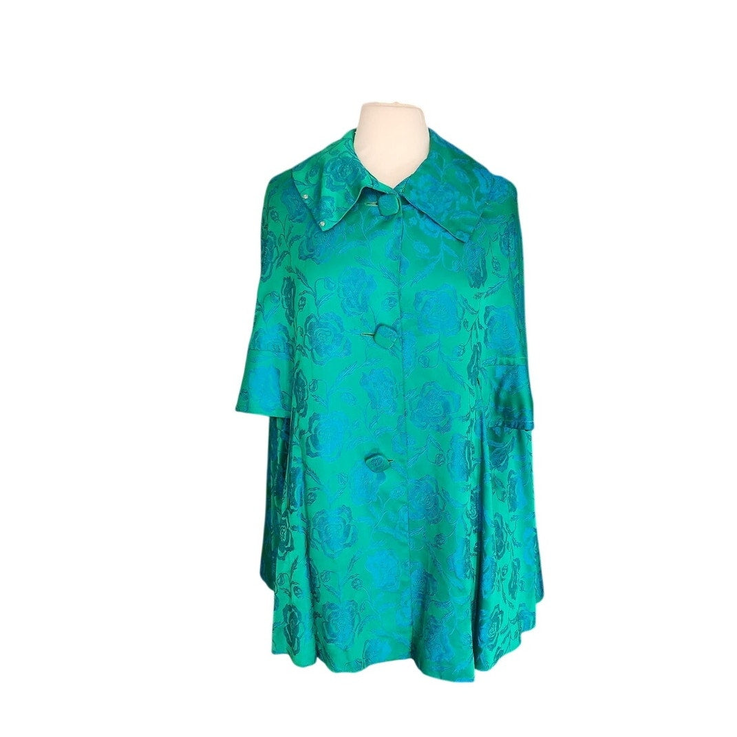 Vintage 60s Swing Coat Short Cape Style Jacket Blue Floral Brocade