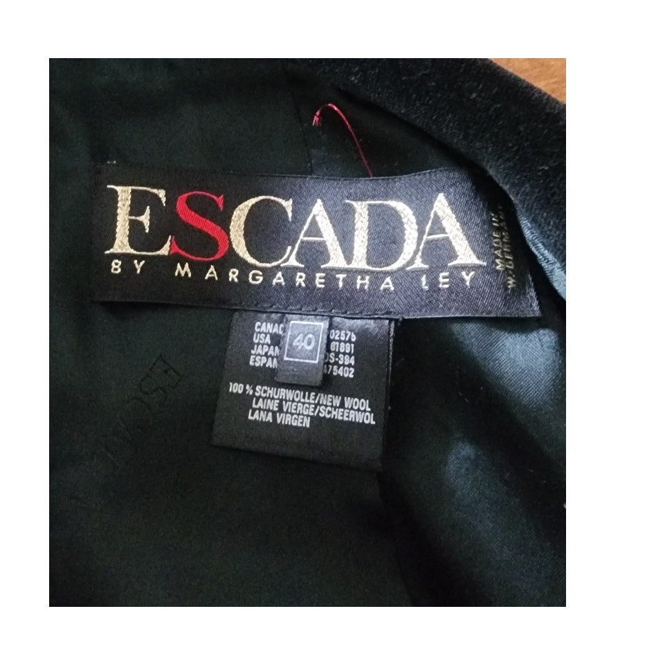 Vintage 1980s ESCADA Blazer Black Gray Plaid Tailored Jacket Double Breasted Velvet Collar