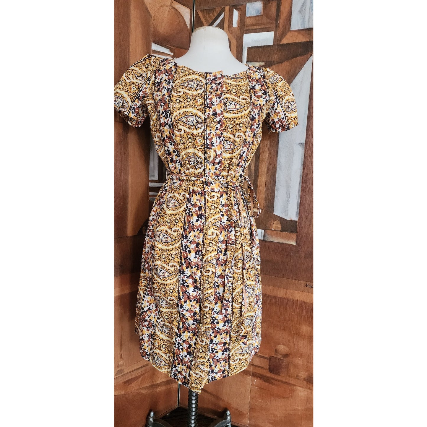 Vintage 50s Cotton Print Day Dress Yellow Black Paisley Print Shirtdress / M