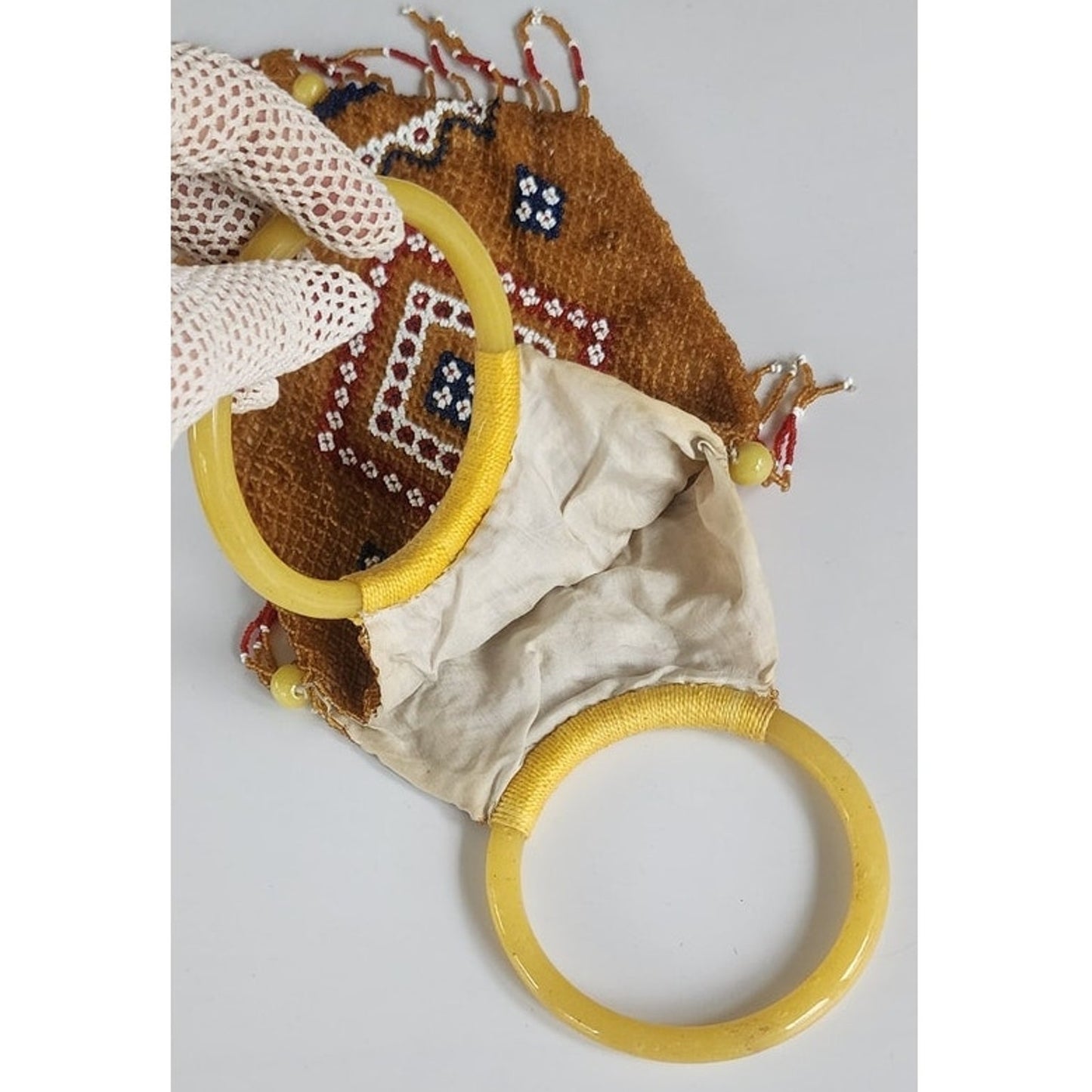 Antique Chinese Glass Bead Bag w/Glass Ring Handles 1890 - 1930