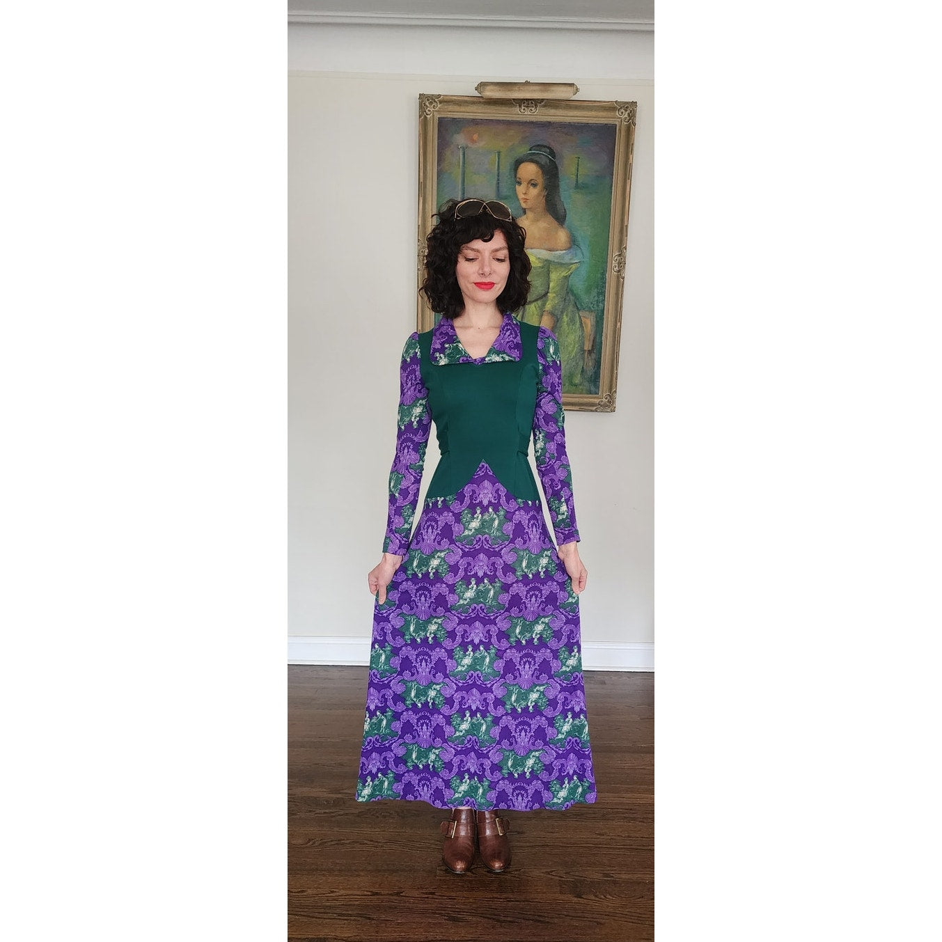 Vintage 70s Maxi Dress Purple & Green French Toile Print Baroque Rococo