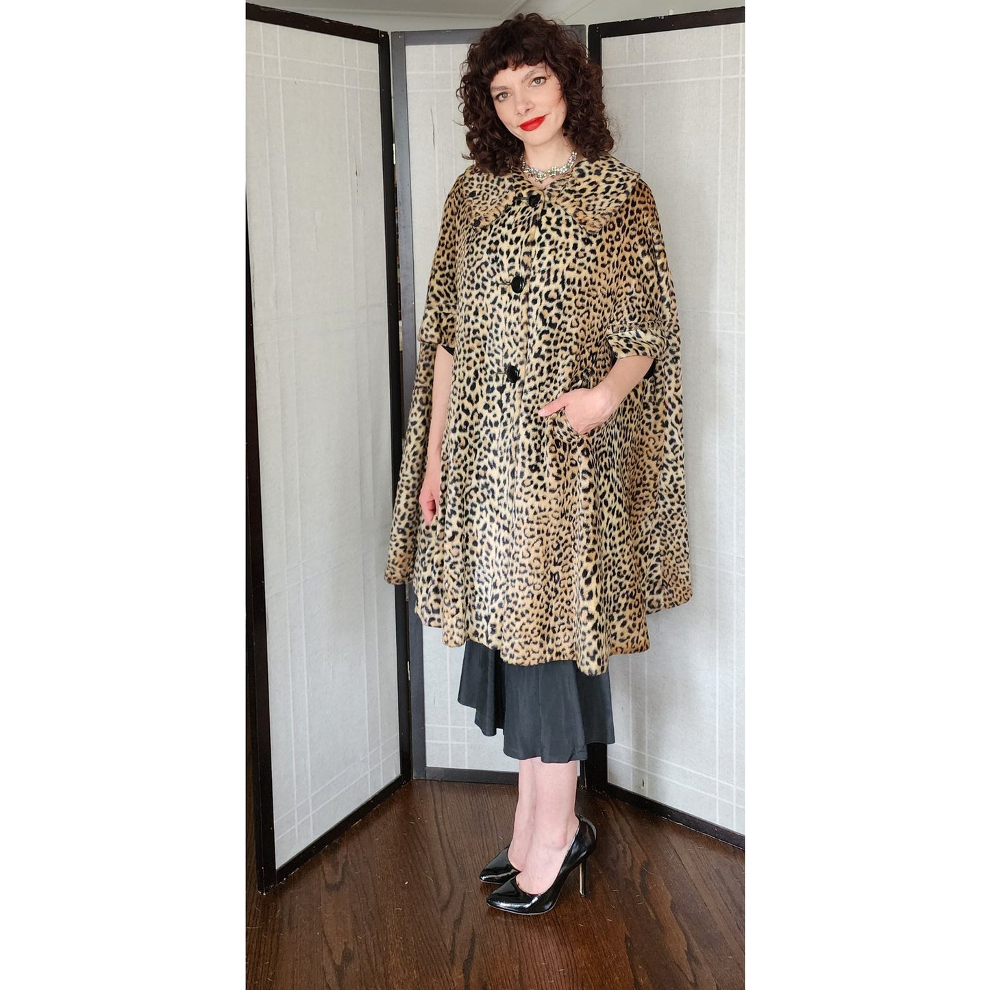 Vintage 60s Animal Print Cape Leopard Faux Fur Cloak Poncho Swing Style Coat