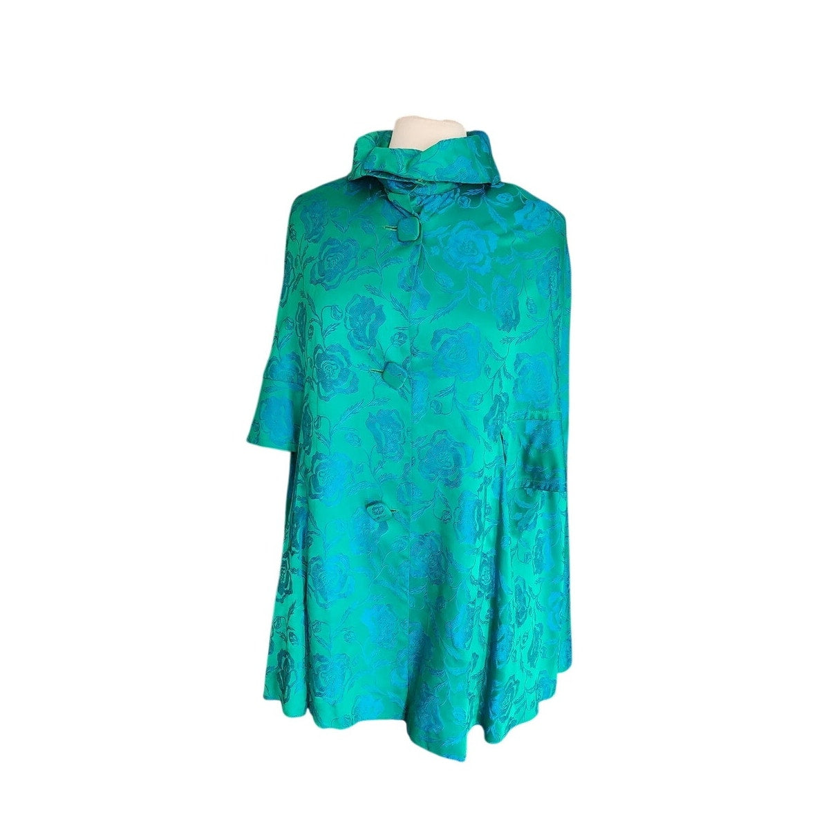 Vintage 60s Swing Coat Short Cape Style Jacket Blue Floral Brocade