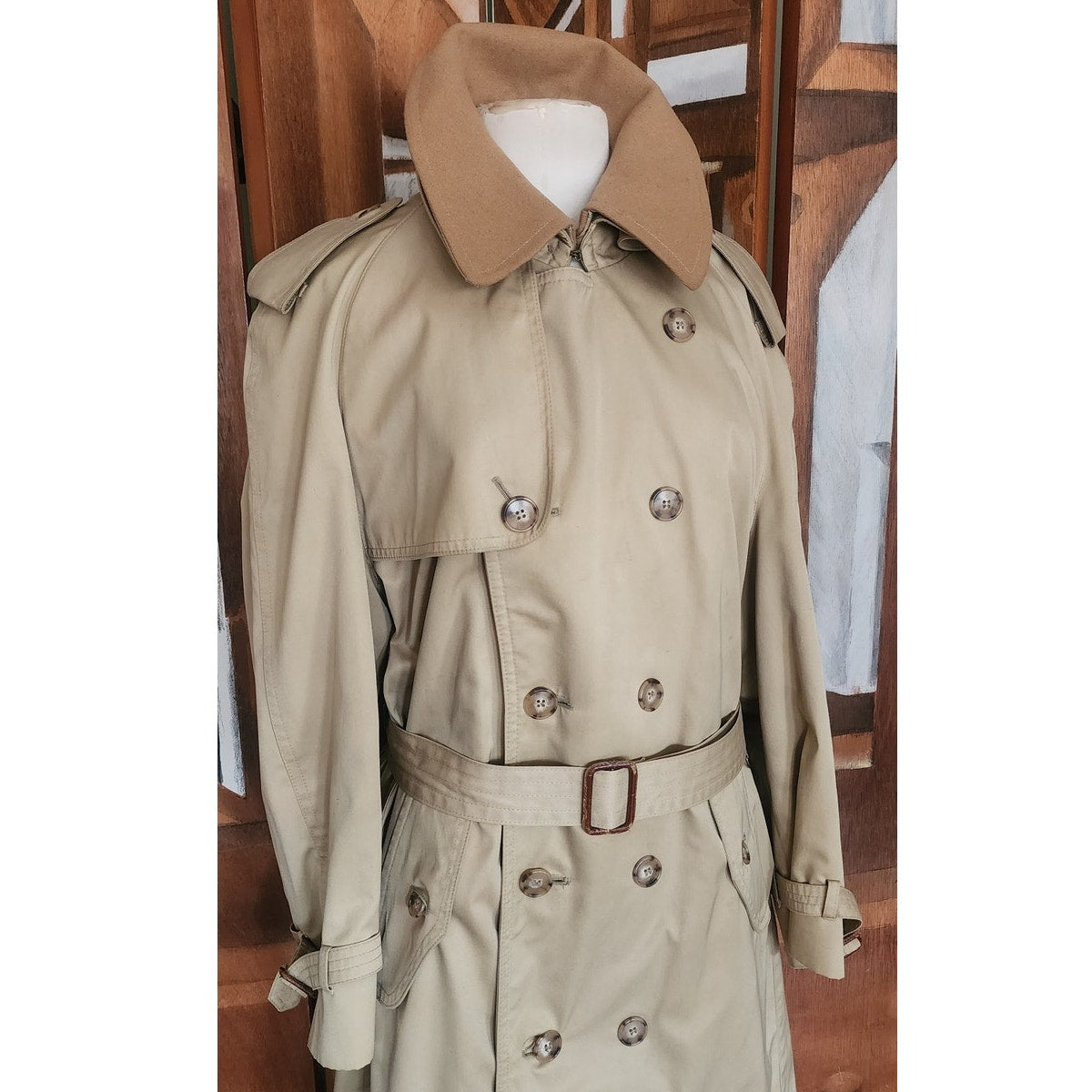 Vintage 80s Lytton's Threadneedle Chicago Mens Beige Trench Rain Coat Belted Wool Collar