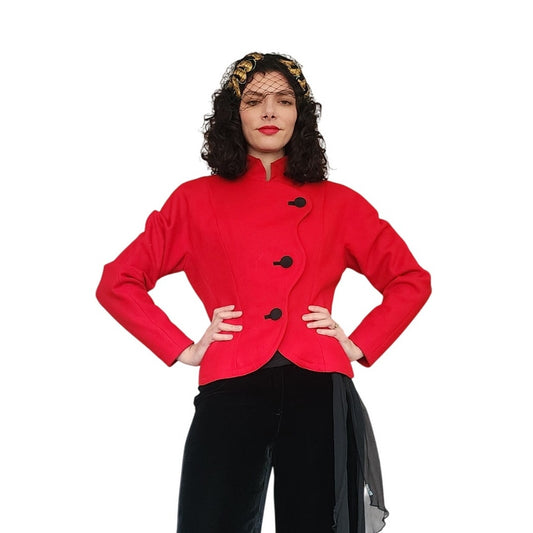 Vintage 1980s Guy Laroche Fitted Blazer Red Wool Jacket Diagonal Buttons / M