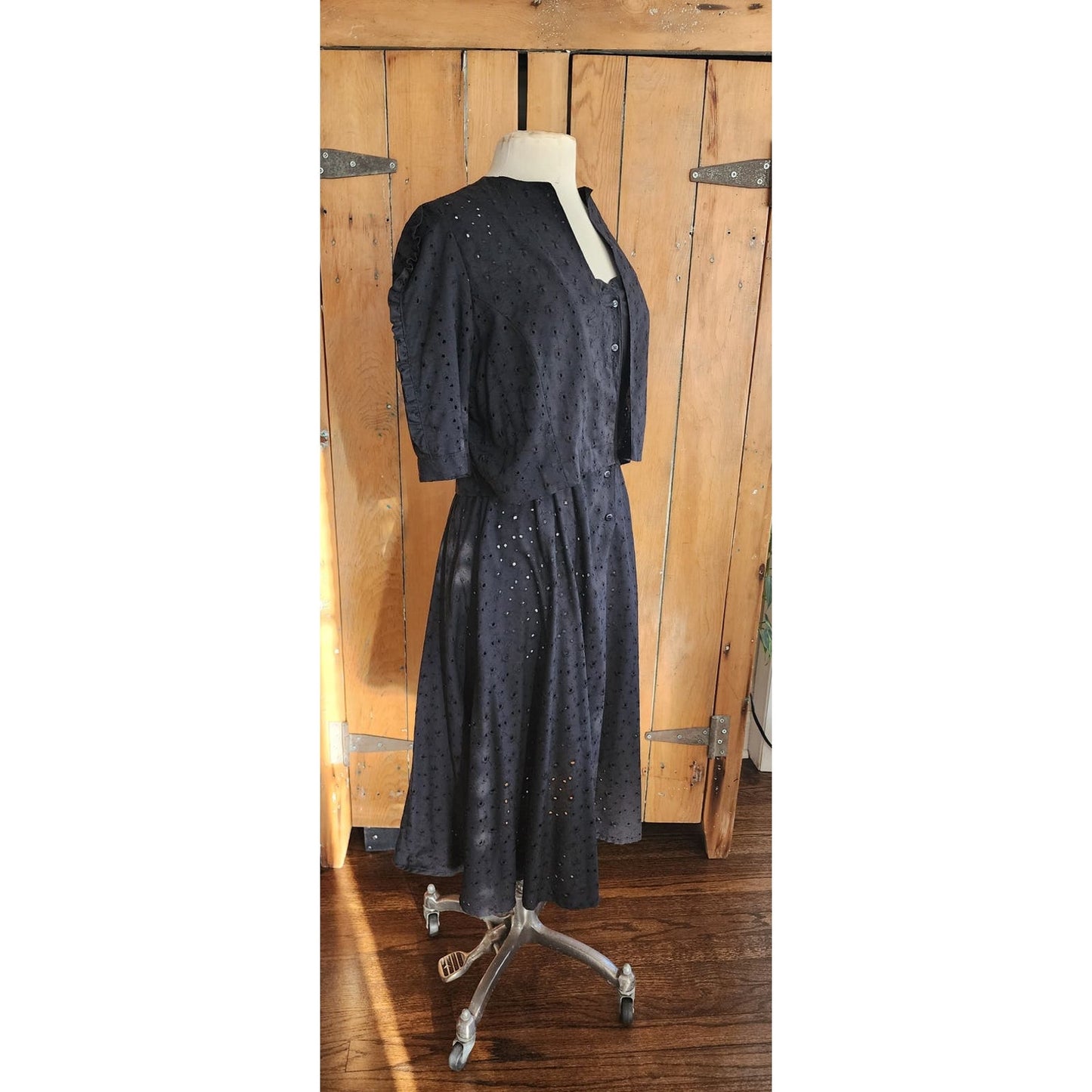 Vintage 70s Black Eyelet Lace Dress + Bolero Jacket Set Chetta B by Peter Noviello
