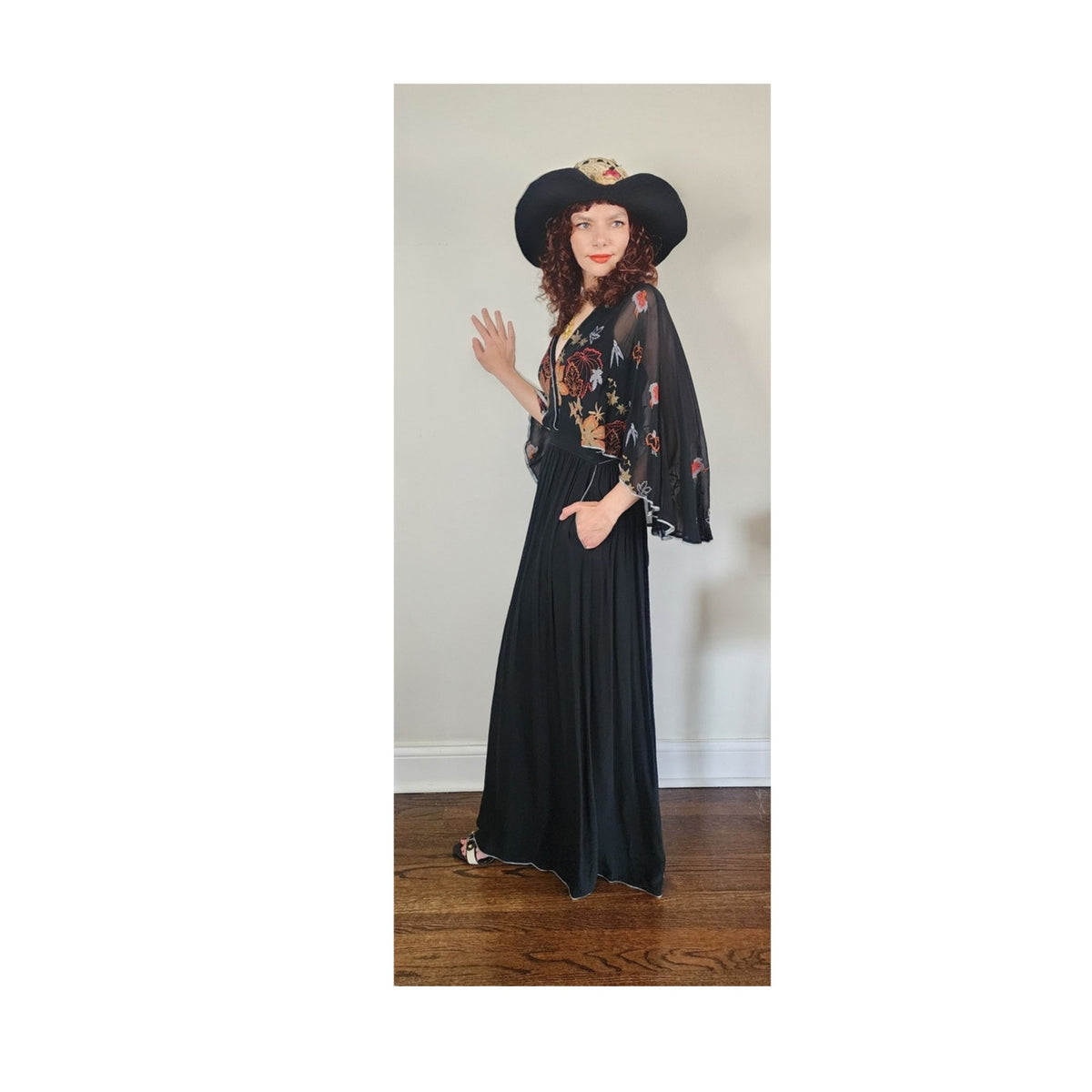 Vintage 1970s Janice Wainwright Dress Embroidered Black Maxi Butterfly Sleeves XS Tall