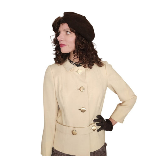 Vintage 1960s Mod Jacket Marshall Field Cream Wool Peplum Blazer Gold Buttons