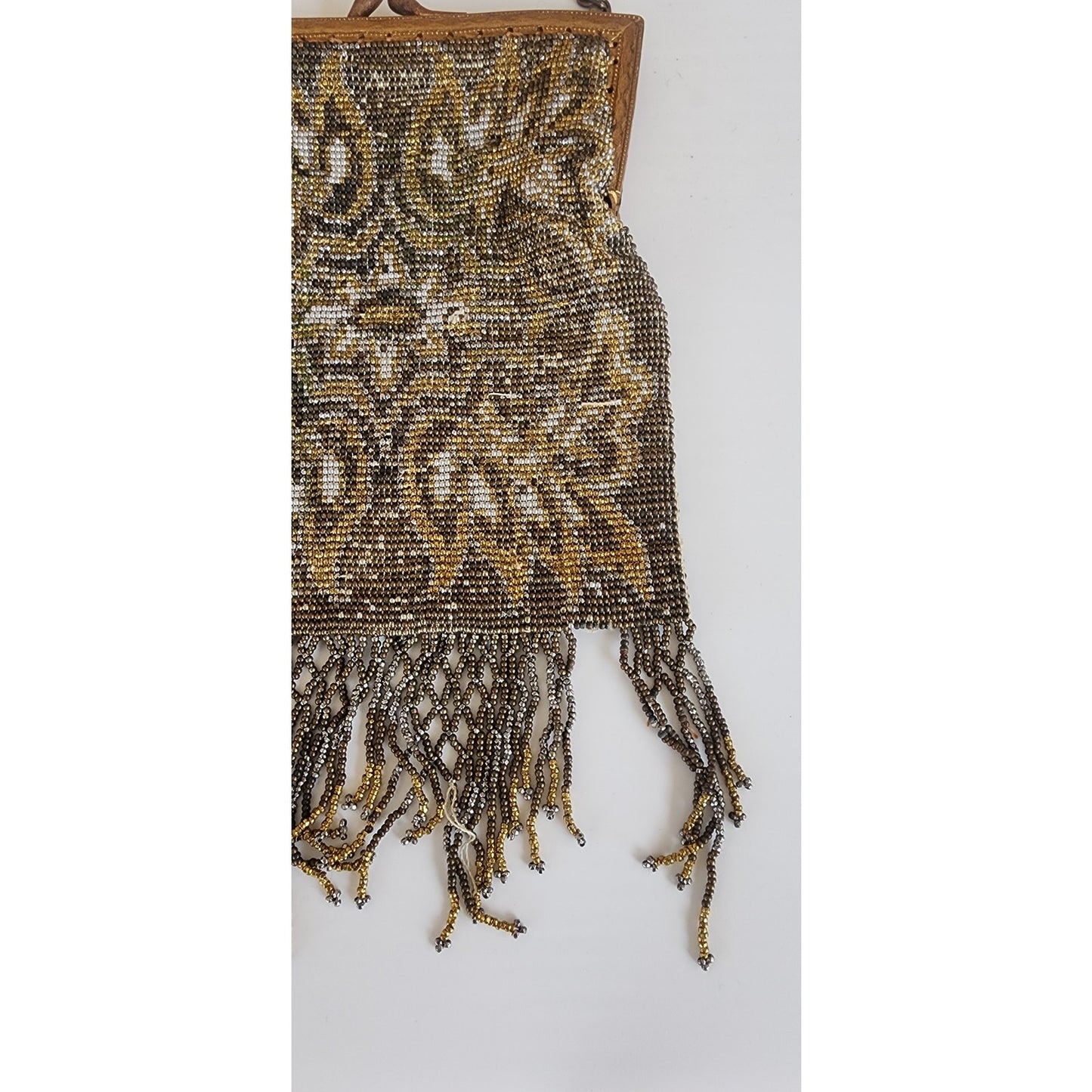 Antique Beaded Bag Shimmering Metallic Gold Silver Fringe Edwardian Art Nouveau France