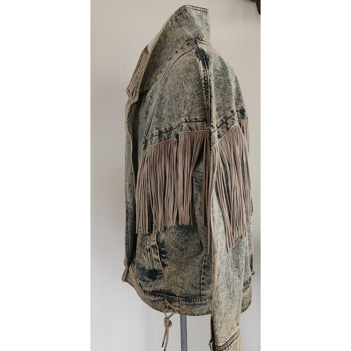 Vintage 80s Rock Creek Trading Co Acid Wash Denim Jacket PLUS SIZE Leather Fringe, Western Style