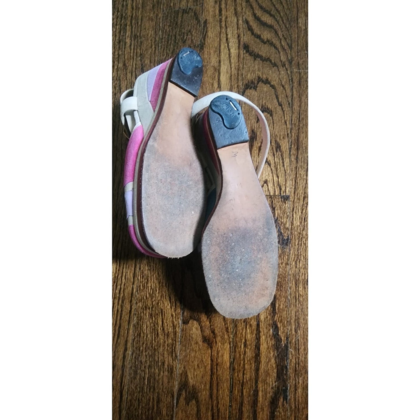 Vintage 1970s 80s Shoes Patchwork Suede Sandals Wedge Heel Pink Purple Blue 6
