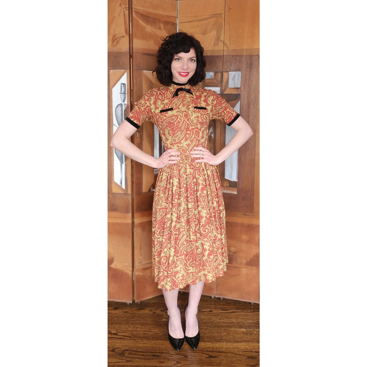 Vintage 50s Orange Paisley Print Midi Dress Carole King Junior Fashions / XS