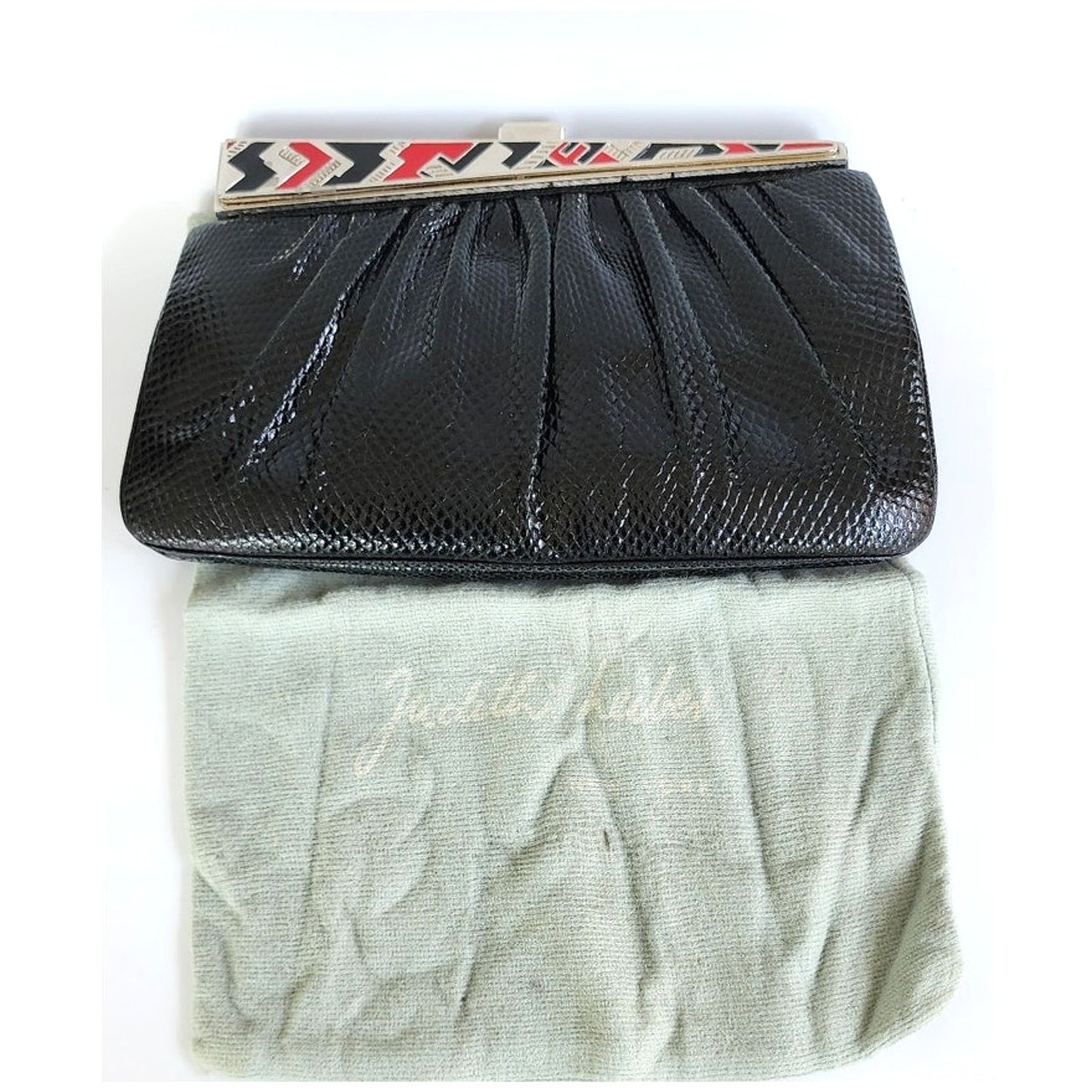 Vintage1980s Judith Leiber Bag Black Lizard w/Enamel Art Deco Panel