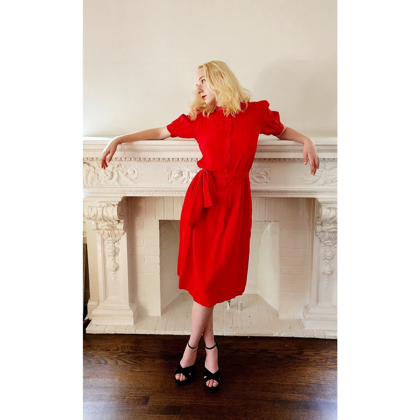 Vintage 80s Red Silk Dress Short Sleeves Belted