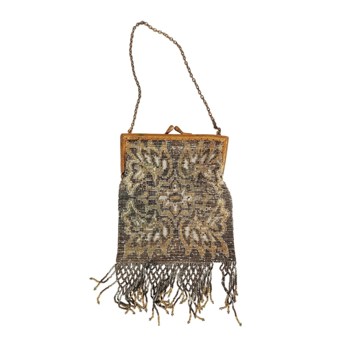 Antique Beaded Bag Shimmering Metallic Gold Silver Fringe Edwardian Art Nouveau France