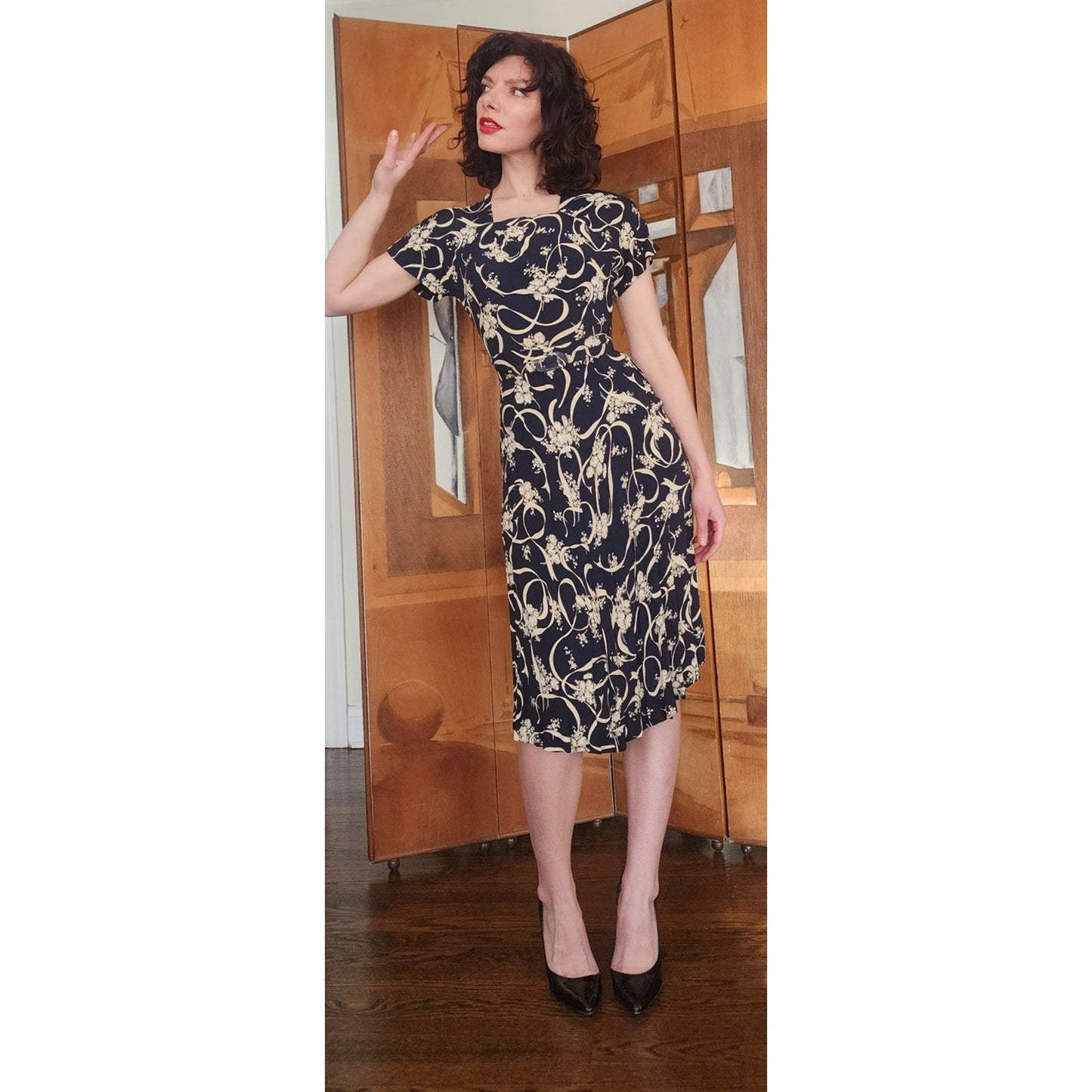 Vintage ORIGINAL 1940s Dress Leslie Fay Black Cream Floral Ribbon Rayon Midi Day