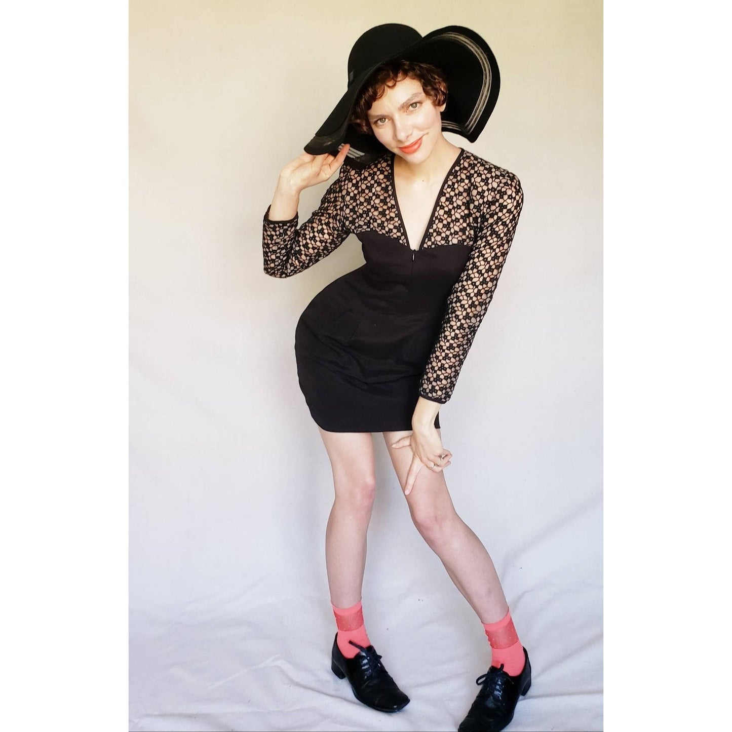 Vintage 1980s Black Party Dress Crochet Lace Nude Illusion Long Sleeved Kathryn Dianos Zip Front
