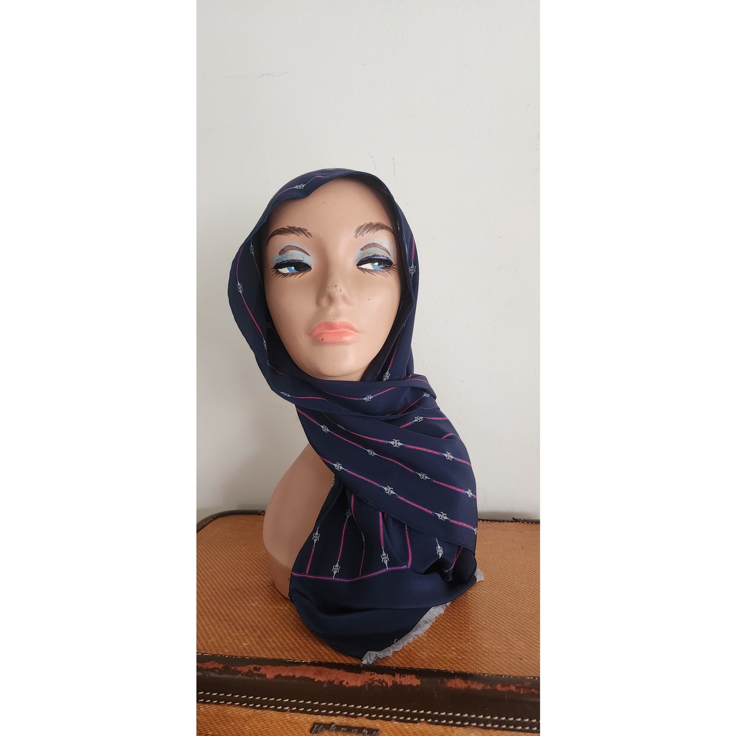 Vintage 1970s Gucci Silk Scarf Navy Blue Horsebit Print Rectangular Fringed