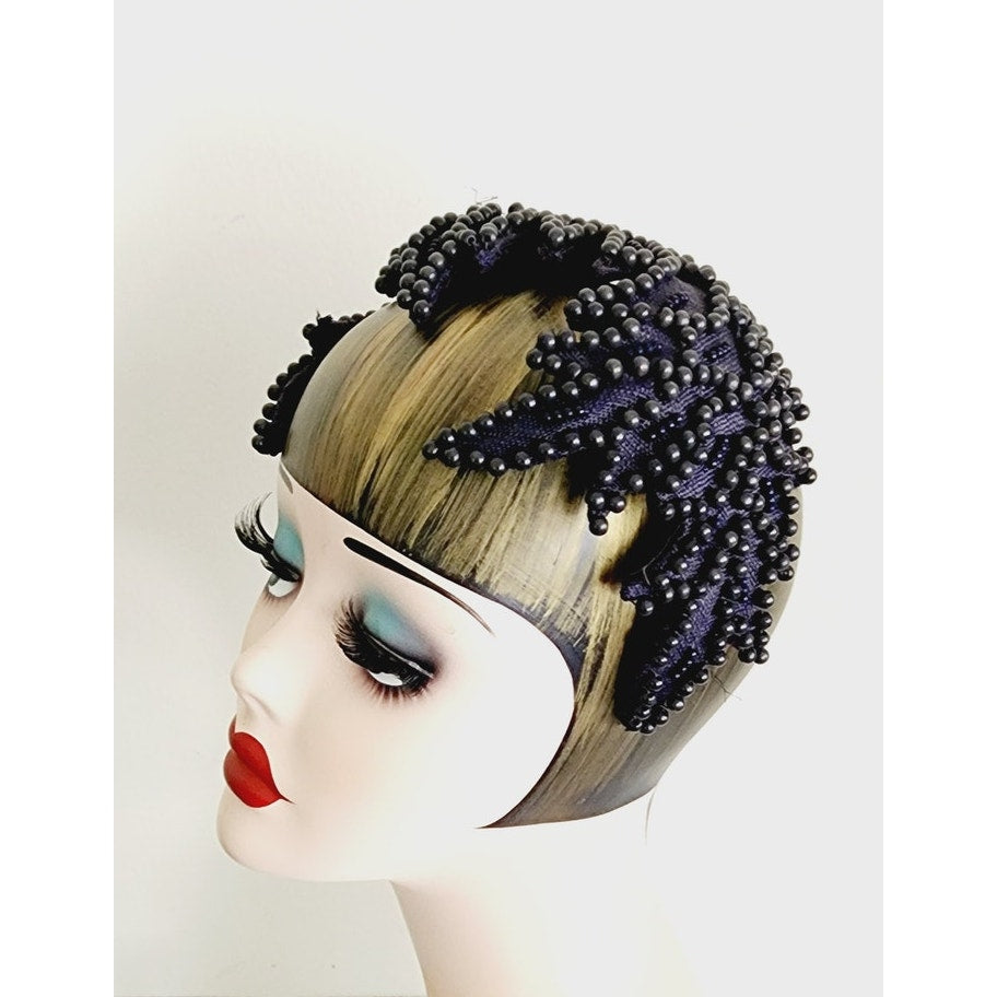 Vintage 50s Eggshell Style Hat Navy Blue Beaded Fascinator  Jeanette Gaffin