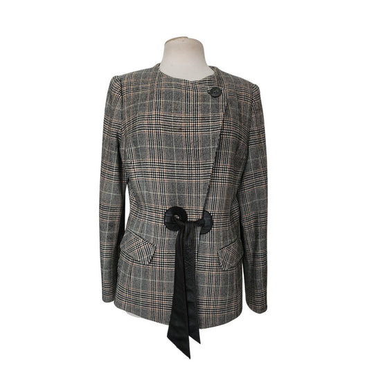 Vintage 2000s Armani Collezioni Blazer Wool Plaid Jacket Leather Sash Tie