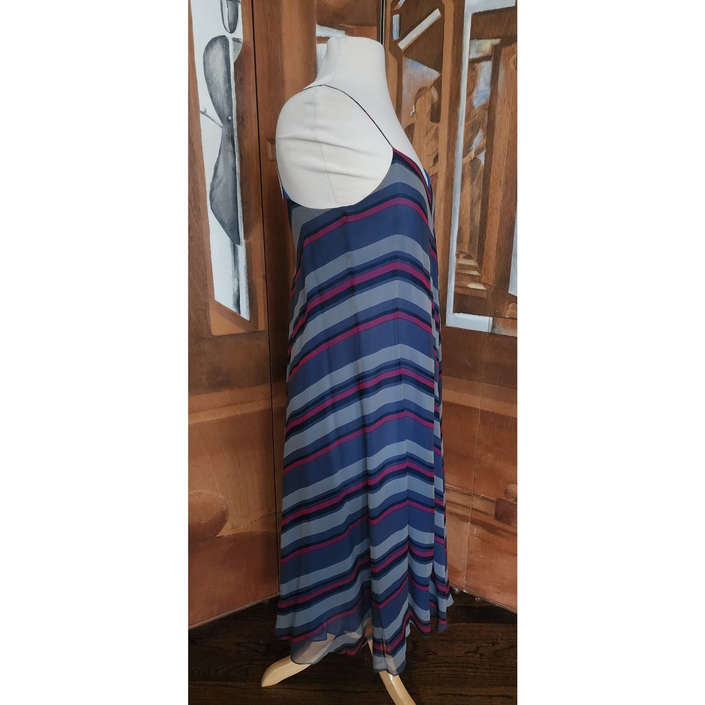 Vintage 70s Chiffon Silk Sun Dress Chevron Stripe Charlotte Ford Spaghetti Strap