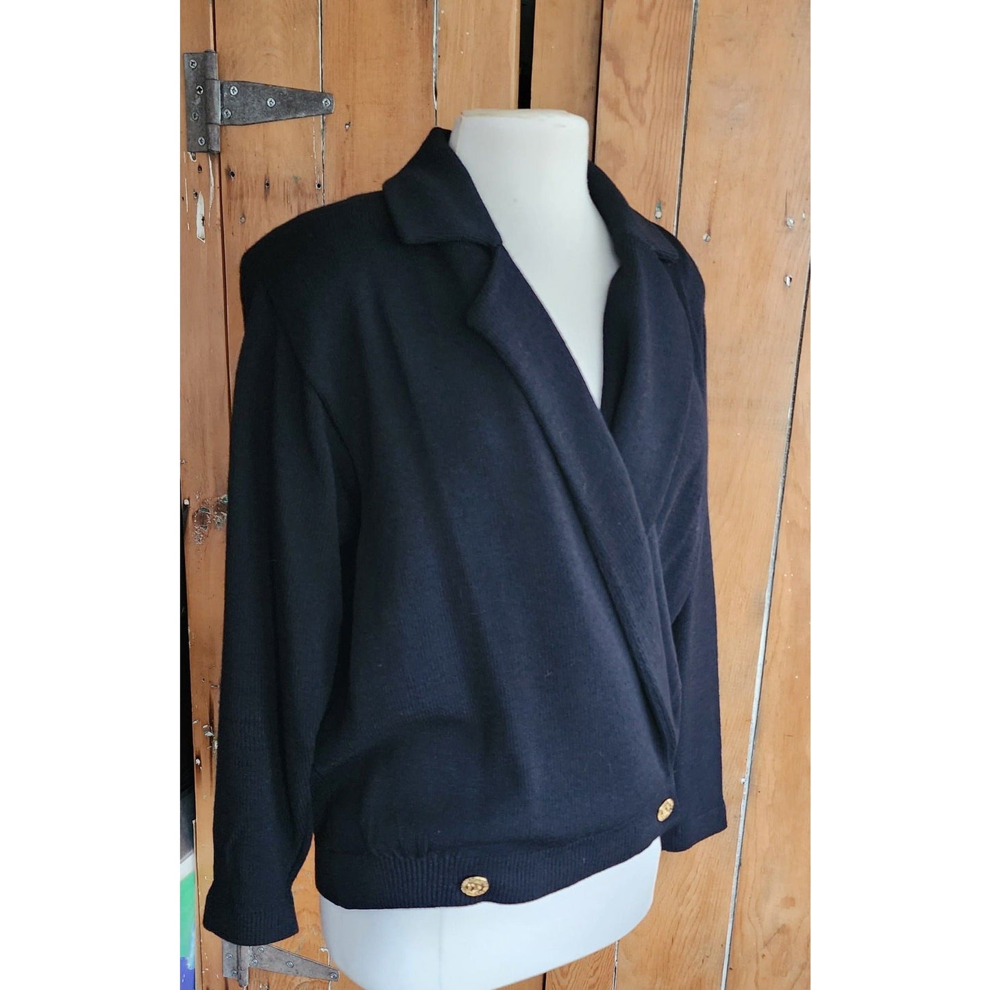 Vintage 80s St John Knit Sweater Jacket in Black, Wrap Style