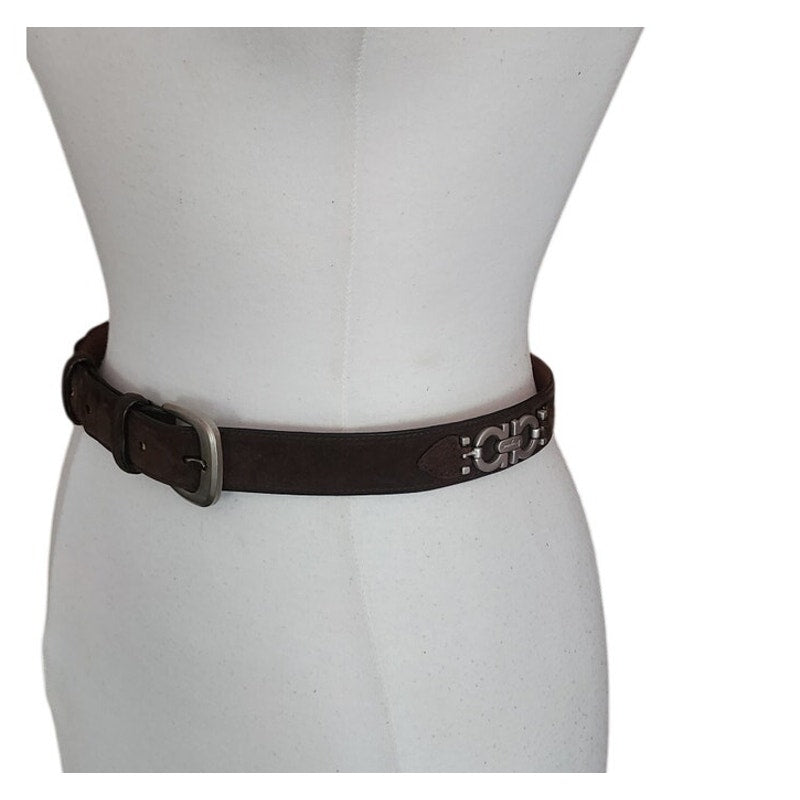 Vintage 90s Ferragamo Belt Brown Suede + Silver Gancini Concho Panels Size 32