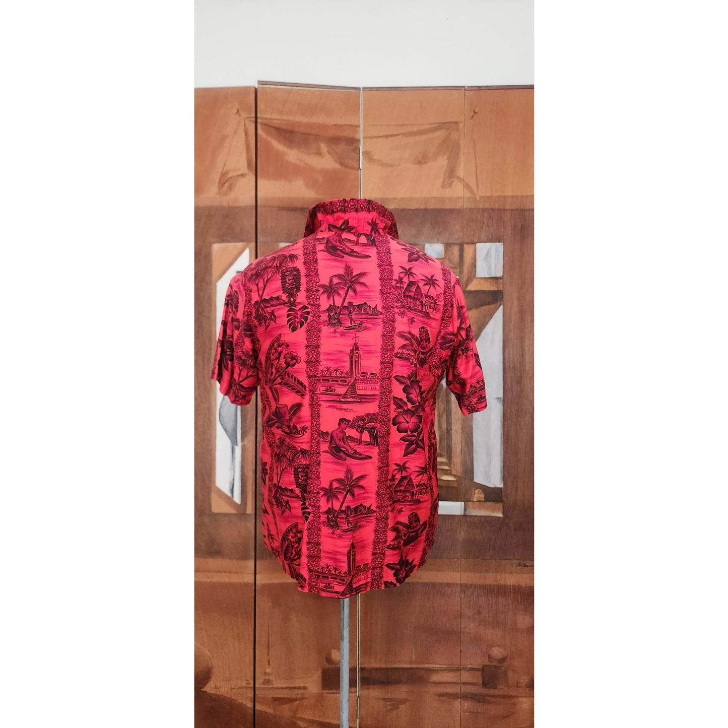 Vintage 60s Men's Red Hawaiian Shirt Surf Scenic Tiki Huts Cotton Short Sleeve