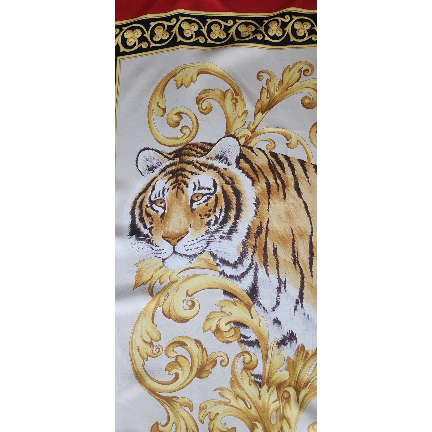Vintage Ferragamo Silk Scarf Tiger Print Gold Baroque Scroll Print